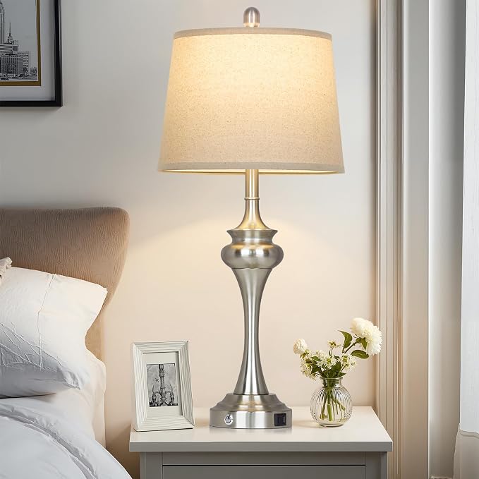 Rinweey 30 inch Silver Table Lamp Single, 3 Way Touch Control Bedside Lamp with USB A+C Ports, Modern Brushed Nickel Bedroom Lamps for Nightstand, Tall Metal Living Room Lamps for Side Table Office