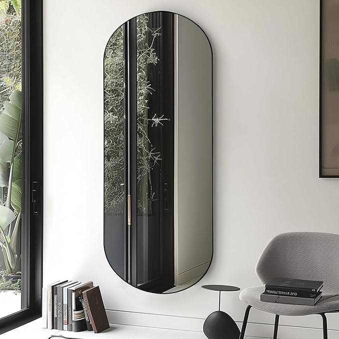 Arched Full Length Floor Mirror, Oval Full Floor Mirror, Large Wall Mounted Arched-Top Body for Living Room, Bedroom, Bathroom, Entryway, Dressing Room (Black, 64 * 21)