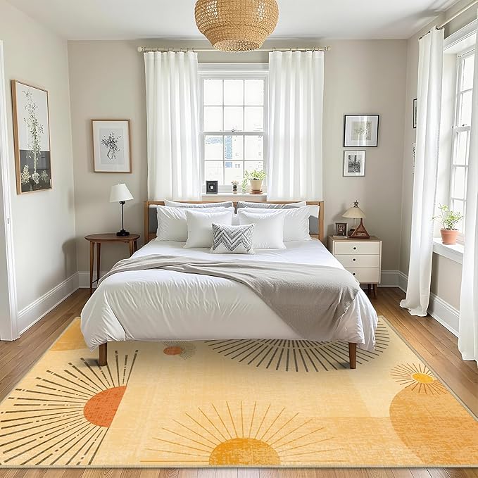 Large Area Rug 6x9 Sun Rug Living Room Mid Century Modern Rugs Machine Washable Boho Geometric Rug Non Slip Printed Low Pile Indoor Floor Carpet for Dining Room Bedroom Office,Yellow