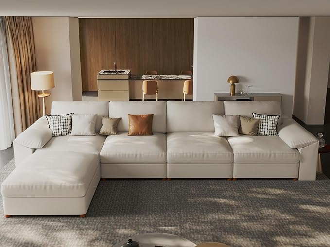 EASE MOOSE Oversized Modular Sectional Sofa,Leather Sectional Couch with Deep Seat,Extra Large L Shaped Couch,Modern Comfy Scratch Resistant Faux Leather Material Sofa,Beige