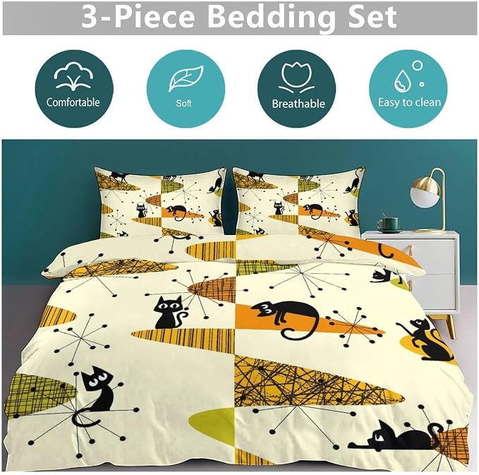 Geometry Modern Comforter Set,Mid Century Black Cat Abstract Atomic Geometric Vintage 1950s 1960s Pattern Print Yellow Bedding Set with Pillowcase for Bedroom Bed Decor,Queen 90"x90"