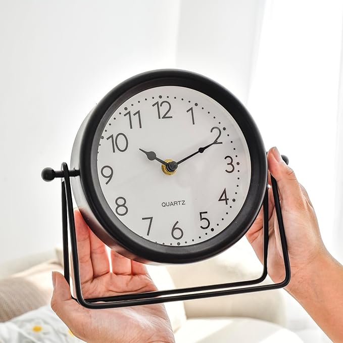 Vintage Black Table Clock - Decorative Battery Operated Desk Clock with Stand, Silent Non-Ticking for Living Room Shelf Decor, 8.6 x 7.8 Inches