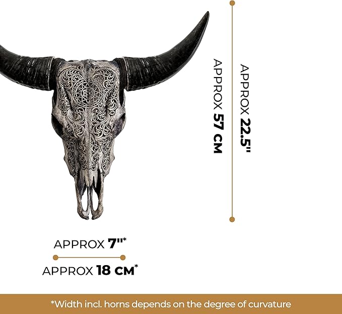 Skull Bliss - Hand-Carved Real Authentic Taxidermy Cow Skull/Bull Skull Wall Decor with Horns/Real Animal Cow Skull Wall Decor (Standard Horns)