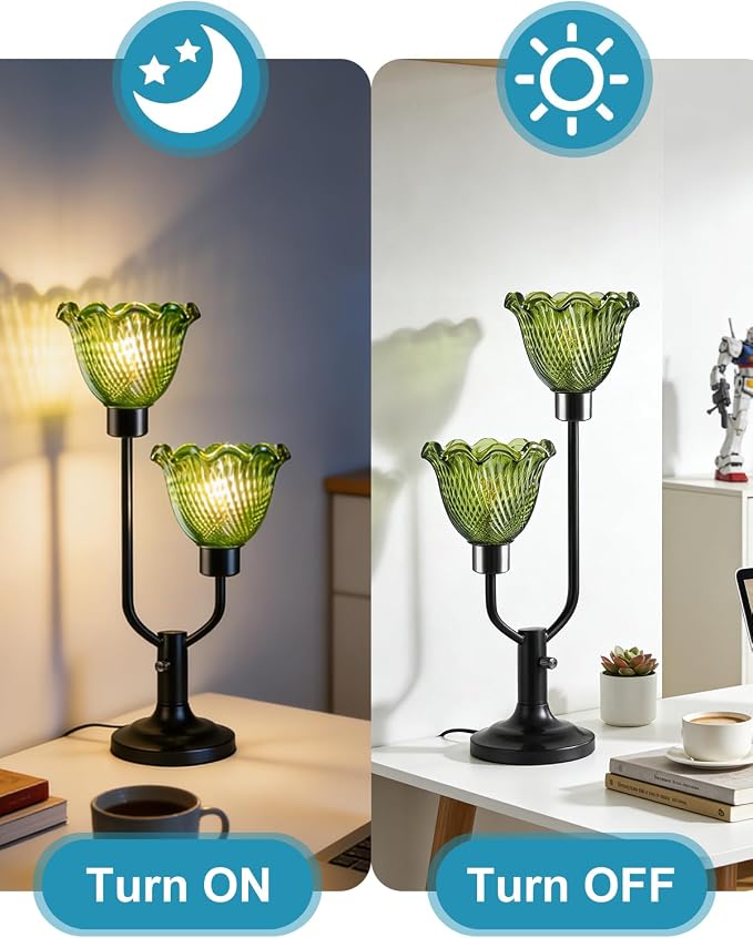 Lightdot Green Glass Flower Table Lamp for Bedroom Dimmable Mid Century Modern Vintage Desk Lamp Black Nightstand Lamp 2 Bulbs Included Warmwhite Ambient Bedside Lamp for Living Room Home Office Decor