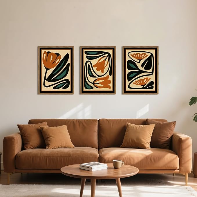Mid Century Floral Wall Art Set of 3, Modern Abstract Botanical Wall Decor Picture, Vintage Boho Eclectic Plant Canvas Prints Paintings for Bedroom Living Room 12x16 inch Framed