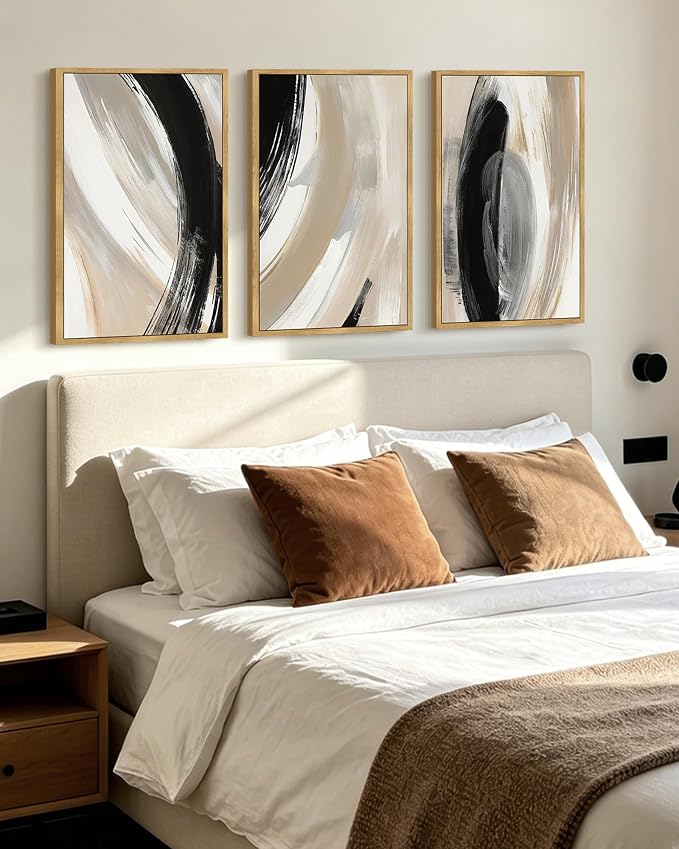 KUVIOKE Modern Abstract Framed Wall Art Black Neutral Minimalist Ink and Wash Graffiti Pastel Wall Decor for Bedroom Living Room 16x24in (Natural Framed)