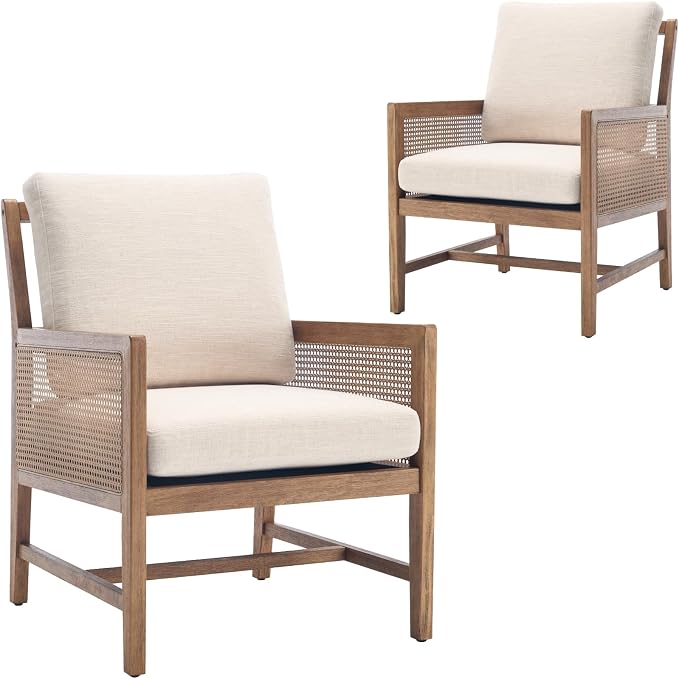 chairus Mid-Century Modern Accent Chairs Set of 2, Upholstered Solid Wood Armchairs with Cane Armrests & Slat Back, Comfy Rattan Reading Chairs for Living Room Bedroom Guest Room, Beige Linen