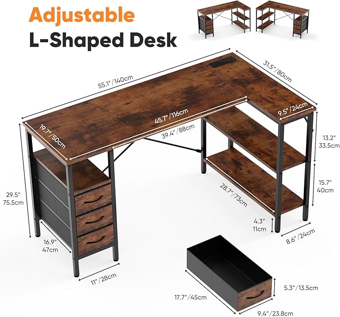 DUMOS L Shaped Desk with Shelf Drawers 55 Inch, Brown Corner Computer Desks Gaming with Power Outlet, Study Table with Adjustable Shelves, Home Office Tables for Bedroom Teacher Reading Writing