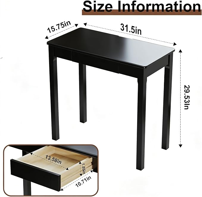Solid Wood Desk with Drawers - 32 x 16 Inch Simple Narrow Desks, Rubber Wood Study Table, Small Writing Desk for Bedroom|Small Spaces - Modern Black Desks