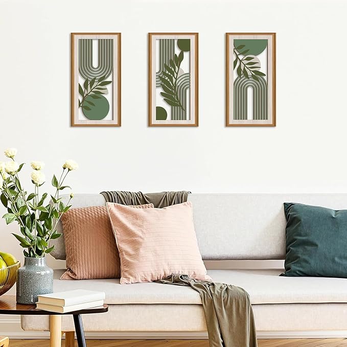 Ausril Green Boho Wall Decor,Boho Botanical Wall Decor Sage Green,Mid-century Modern Decor,Abstract Bohemian Artwork Geometric Line,Minimalism Boho Plants Hanging Sign for Home Living Room Bedroom