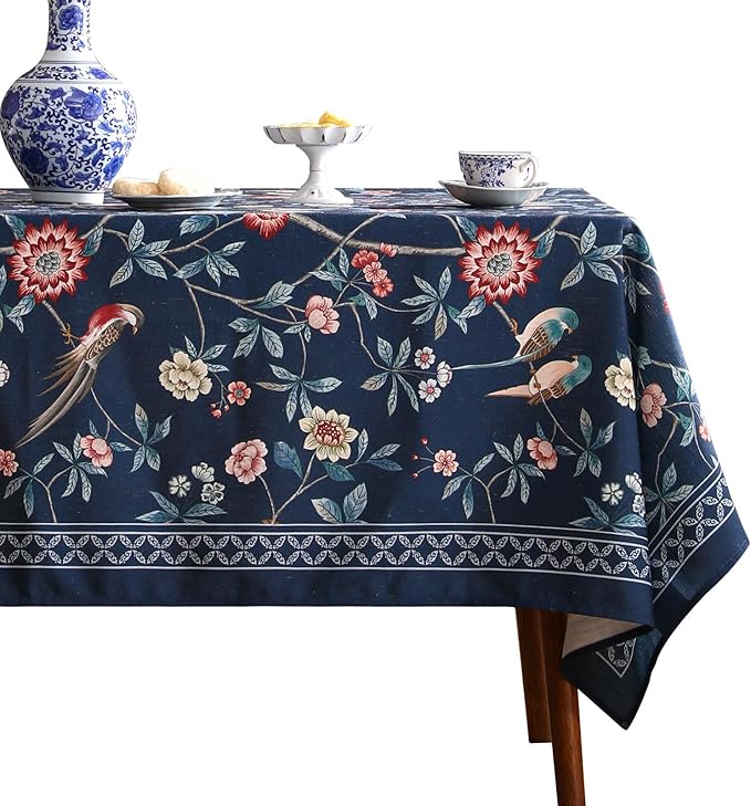patdrea Designer Vintage Dark Blue Linen Square Tablecloth,Navy French Floral and Birds Pattern Table Cloth,Decoration Table Cover for Kitchen,Dining,Tea Party,Home,Christmas,55"*55"