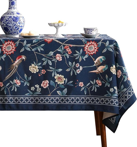 patdrea Designer Vintage Dark Blue Linen Rectangular Tablecloth,Navy French Floral and Birds Pattern Table Cloth,Decoration Table Cover for Kitchen,Dining,Tea Party,Home,Christmas,55"*79"