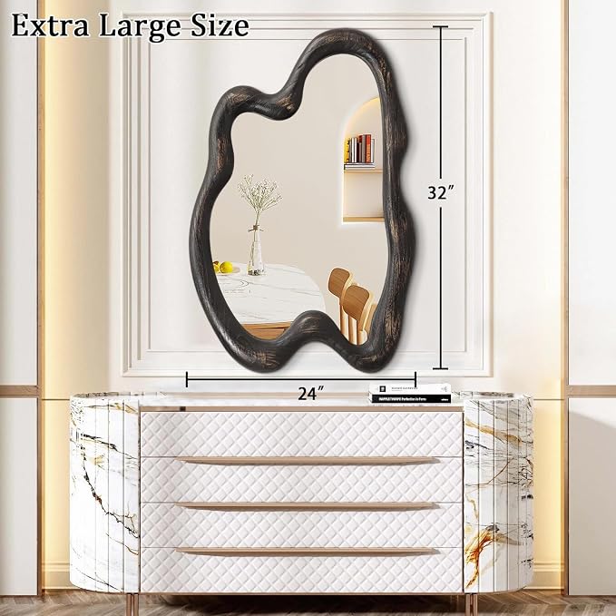 AAZZKANG Vintage Wall Mirror with Wood Framed Large Irregular Wall Mirror 32"x24" Decorative Hanging Mirrors for Bathroom Bedroom Living Room Entryway