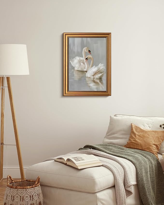HUARCEY Gold Framed Vintage Wall Art for Living Room, Animals Painting Prints Shelf Decor for Kitchen, Aesthetic Bedroom Wall Art, Best Gifts for Friends or Family - Two Swans 16L x 12W