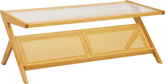 Bamboo Coffee Table, Accent Rattan Coffee Table with Glass Top, Mid-Century Wooden Center Tables, Modern Sofa Side Tea Tables with Storage for Living Room, Burlywood