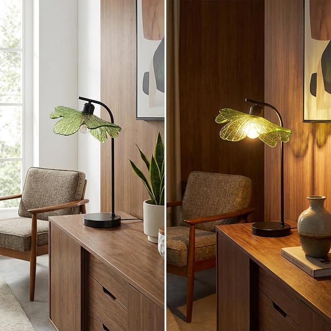 Mid Century Modern Lamps Black Table Lamp, Green Flower Glass Shade Desk Lamp, Small Vintage Bedside Nightstand Light for Living Room Bedroom Farmhouse Office