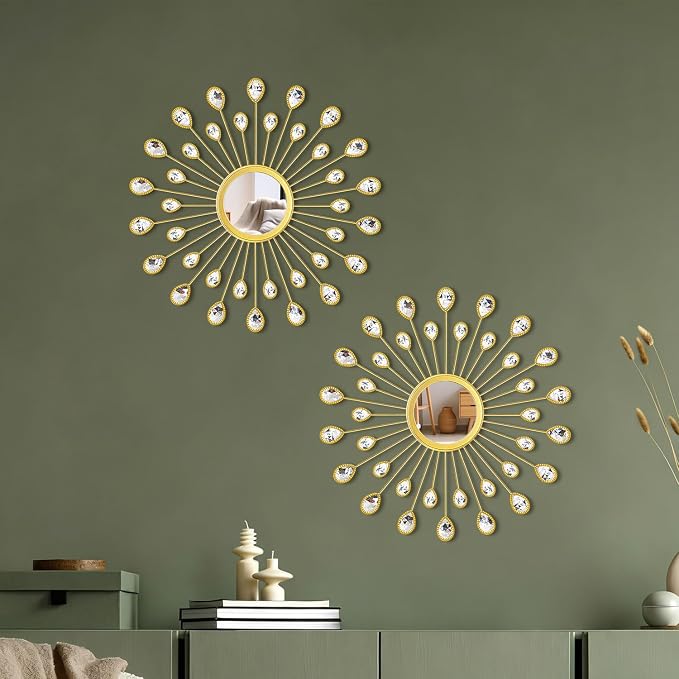 2 Pack Metal Mirrors for Wall Boho Sunburst Wall Mirror Home Decor Modern Decorative Wall Art for Bedroom Living Room Entryway