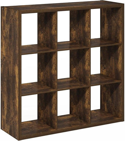 Furinno Cubicle Book Shelf, 9-Cube Bookshelf, Extra Thick Frame Reversible Bookcase with Open Back, 14.6" x 44" x 44", for Living Room, Bedroom, Home Office, Amber Pine