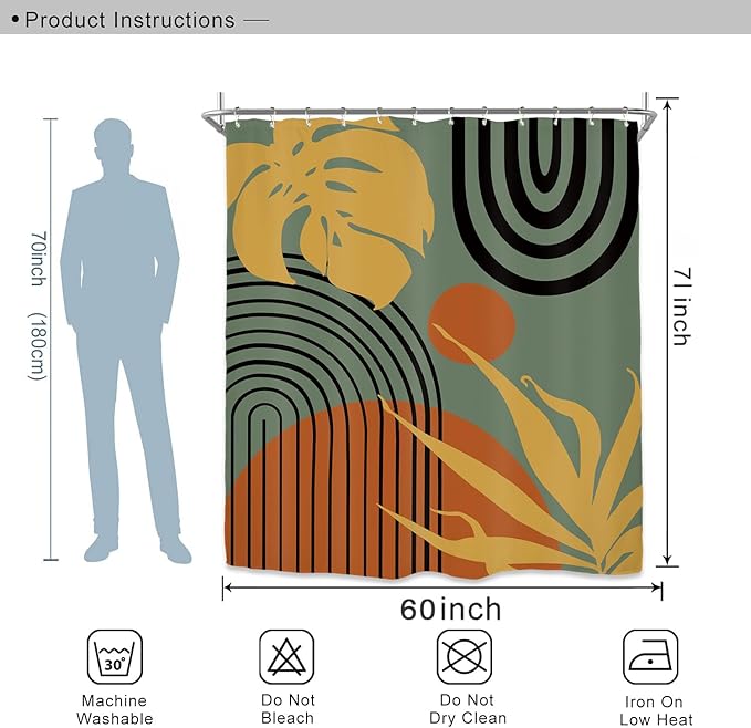 Miyotaa Abstract Mid Century Minimalist Shower Curtain Set 60Wx71H Inches Modern Aesthetic Leaves Contemporary Neutral Plant Orange Sage Green Waterproof Bathroom Curtain with 12 Hooks