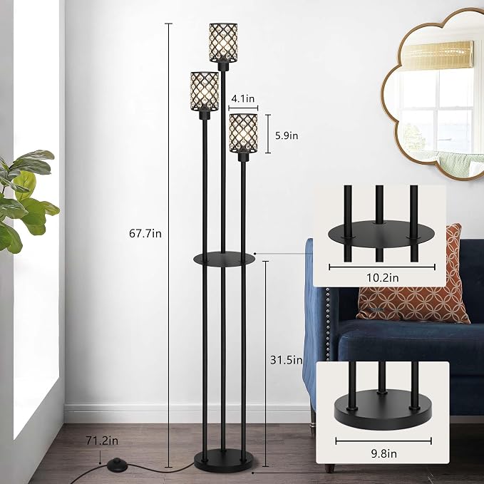 Gold Floor Lamps for Living Room, Standing Floor Lamp with shelves, Tall Lamp with Table, Modern Mid Century Floor Lamp with E26 Base, Coner Crystal Floor Light for Bedroom (Without Bulb) (Black)