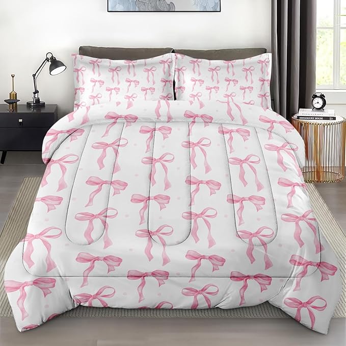 Comforter Set with 2 Pillowcases King Size, Cute Coquette Pink Bow Bowknot, Bed Decor Sweet Themed Elegant Girly Baby for Kids and Adults, Soft Cozy Bedroom Bedding Set