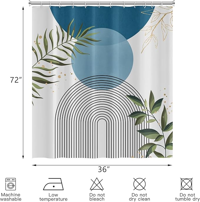 Boho Mid Century Shower Curtain, Light Blue Modern Minimalist Abstract Geometric Gold Plant Leaves Sun Arch Bathroom Curtains Waterproof Fabric Buthtub Curtain Set with Hooks 36" Wx72 L