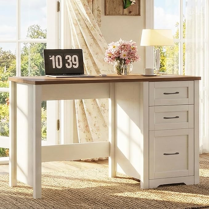Vabches Farmhouse 47” Executive Desk with File Drawer, Mutual Installation Rustic Computer Desk with 2 Storage Drawers,Office Home Workstation for Study Work Writing, Unique White