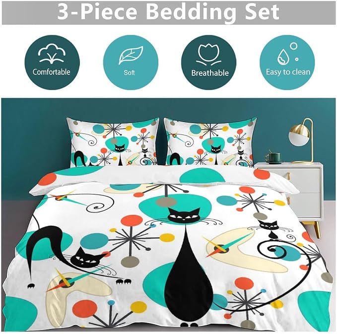 Mid Century Cat Bedding Set,Retro Black Cat Atomic Diamond Star Abstract Geometric Minimalist Simple Modern Comforter Set with Pillowcase for Bedroom Bed Decor,Full 79"x90"