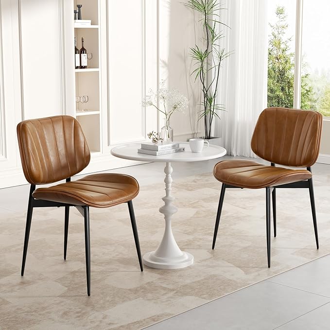 Dining Chairs Set of 8, Mid Century Modern Dining Room Chair, Upholstered Faux Leather Kitchen Chairs with Walnut Bentwood Back and Metal Legs for Kitchen Dining Room Living Room, Brown