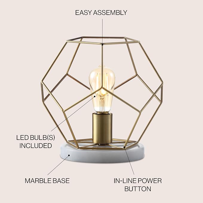 JONATHAN Y 10" Brass Gold Geometric Table Lamp, Midcentury Modern Metal Desk Lamp for Living Room Bedroom, White Marble Base, Glam Bedside Nightstand Light with LED Bulb JYL1047A
