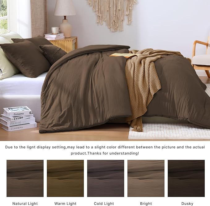 WRENSONGE Full Size Comforter Sets - 3 Pieces Chocolate Brown Comforter Prewashed Soft Lightweight for All Seasons, Fluffy Down Alternative Comforter Full Size with 2 Pillow Shams