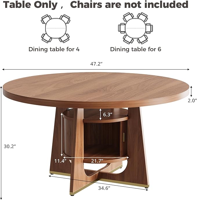 IRONCK 47 Inch Round Dining Table for 4-6 People with Built-in Storage Cabinet, Mid-Century Modern Kitchen Table for Dining Room, Kitchen, Living Room (Walnut)