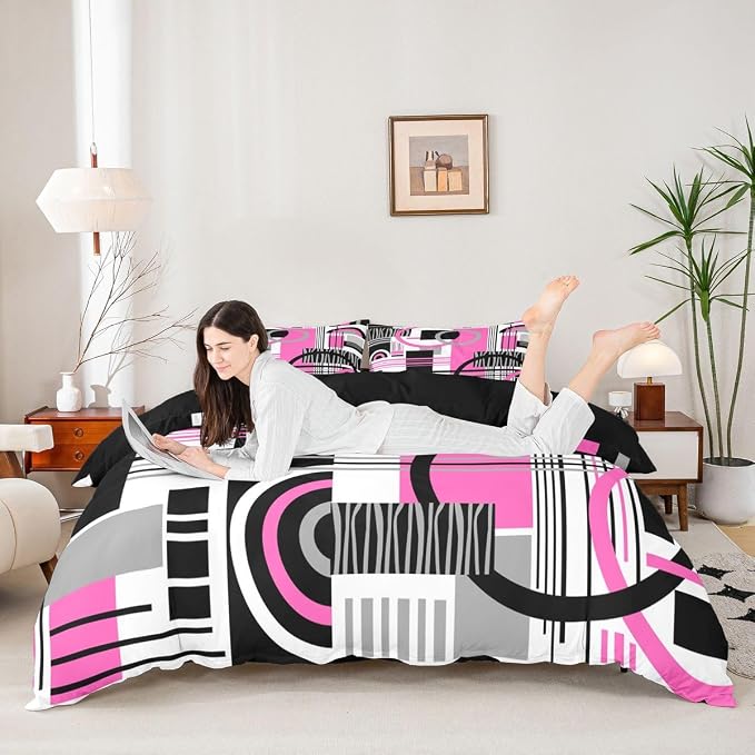 Erosebridal Art Deco Mid Century Duvet Cover Set Retro Modern Abstract Geometric Full Size Bedding Sets for Children Boys Black and White Fuchsia Circles Stripes Comforter Cover Contemporary Bed Set
