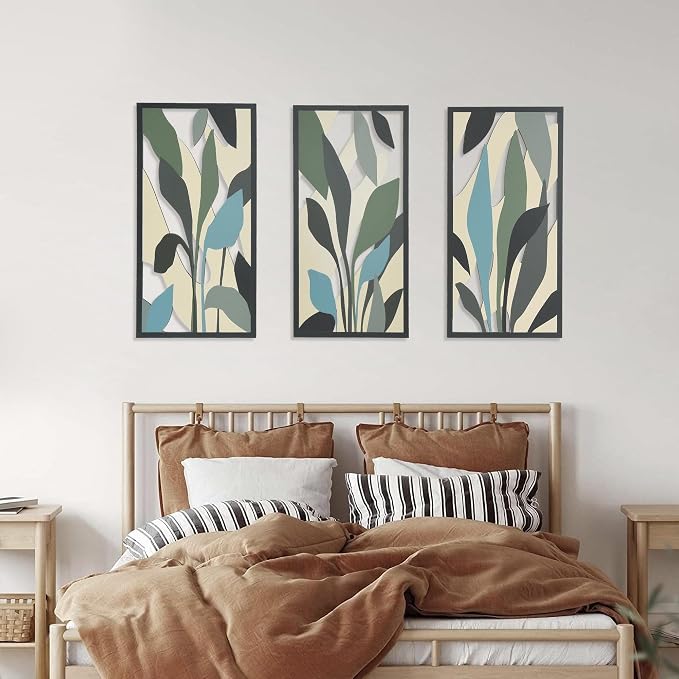Boho Wall Art Decor for Living Room, 3D Textured Botanical Tropical Leaf Wood Framed Artwork, Mid Century Modern Farmhouse Wall Decor for Bedroom Office (Tropical Plant Theme - 15.7 x 7.87 inch)