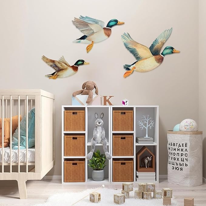 FLHRSM Mallard Duck Baby Stuff 3PCS, Wooden Mallard Ducks Hunting Wall Decor Vintage Farmhouse Wall Art, Nursery Living Room Decor Rustic Baby Shower Party Gifts, Carved Flying Birds Hanging Signs