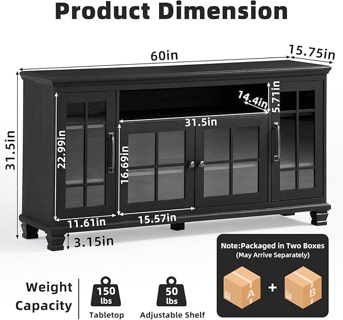 SAVOR LIFE Large Black Sideboard Buffet Cabinet with Storage,Vintage Farmhouse 60" Wide Buffet Cabinet with Glass Doors & Wood Legs,Coffee Bar Cabinet for Dining Room, Living Room