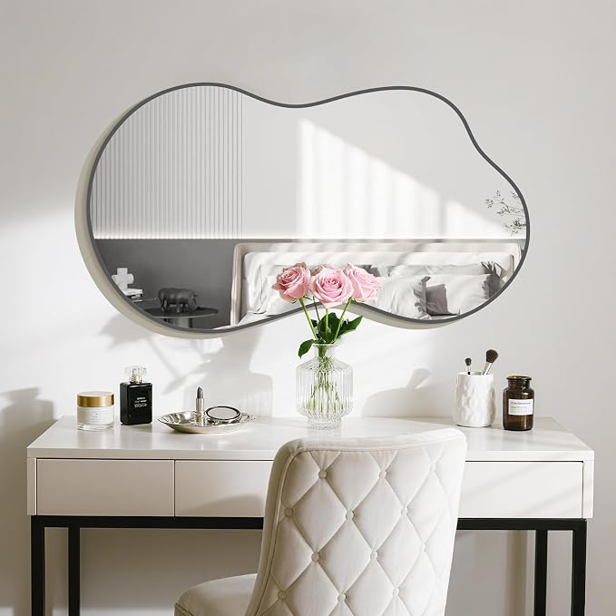 HOMECOOKIN 46" H x 26" W Irregular Wall Mirror, Asymmetrical Decorative Mirror with Black Aluminum Frame, Wavy Abstract Black Mirror, for Living Room, Bedroom, Bathroom, Entryway, Cloakroom