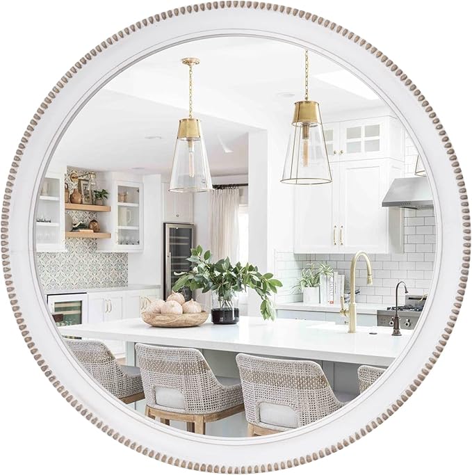 sawsile Round Wood Mirror,24 inch Circle Rustic Farmhouse White Wooden Frame Boho Beads Wall Mirror for Bathroom,Living Room,Bedroom or Entryway