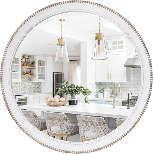 sawsile Round Wood Mirror,24 inch Circle Rustic Farmhouse White Wooden Frame Boho Beads Wall Mirror for Bathroom,Living Room,Bedroom or Entryway