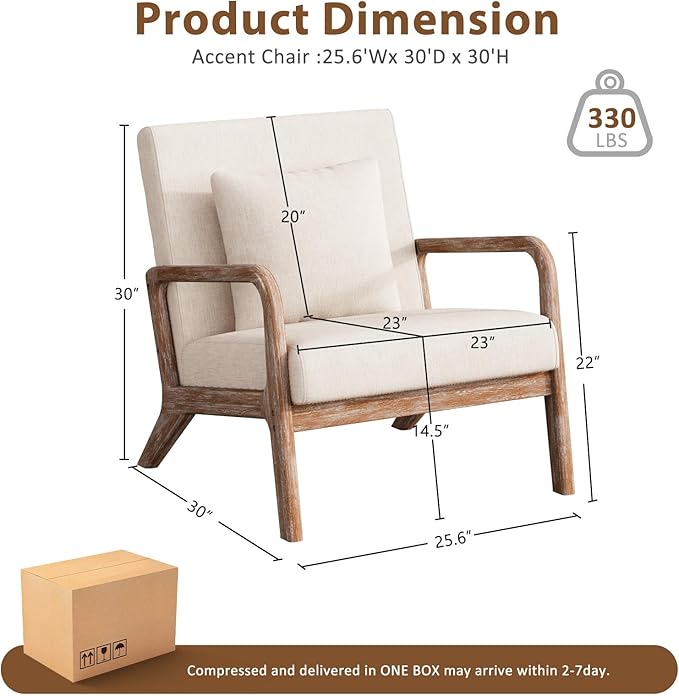 Mid Century Accent Chair with Solid Oak Frame, Upholstered Lumbar Pillow Lounge Chair Beige Linen Fabric Cozy Leisure Chair Relaxing Retro Living Room Chair for Bedroom Waiting Room