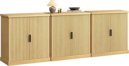 VASAGLE MAXE Collection - Buffet Cabinet Set of 3, Fluted Console Cabinet, Sideboard with Adjustable Shelf, Mid Century Modern Buffet Table, 15.8 x 29.9 x 31.5 Inches, Oak Beige UZH2507023