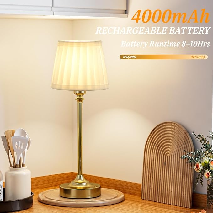Cordless Table Lamp Rechargeable Gold - 1 Pack Brass 4000mAH Battery Operated Lamp for Decor, 3000K Stepless Dimming Touch Control Wireless Lamp for Bedroom, Dining Table, Counter, Living Room