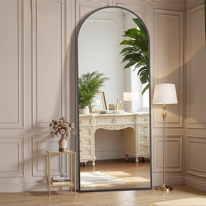 OLIXIS Arched Full Length Mirror 59"x16.3" for Bedroom, Full Body Mirror with Stand, Hanging or Leaning for Wall, Aluminum Alloy Thin Frame Floor Standing for Living Room, Long, Black