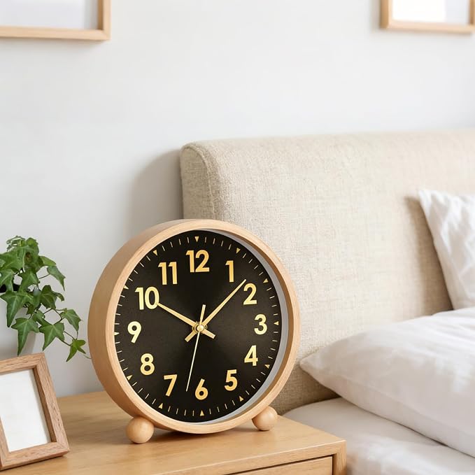 Maxspace Wooden Table Clock,8in Silent Non-Ticking Desk Clock,Battery Operated Desktop Analog Clock for Living Room Office Bedroom Decor (Black Gold - Log, Wooden Ball Base)