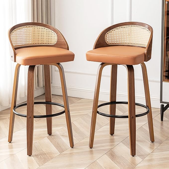 26" Swivel Rattan Bar Stools Set of 2,Mid-Century Modern Orange Faux Leather Upholstered Counter Height Stools,Kitchen Island Barstool with Rattan Low Backrest,Walnut Wood Finish Bar Chairs
