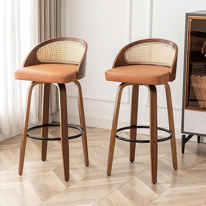 26" Swivel Rattan Bar Stools Set of 2,Mid-Century Modern Orange Faux Leather Upholstered Counter Height Stools,Kitchen Island Barstool with Rattan Low Backrest,Walnut Wood Finish Bar Chairs