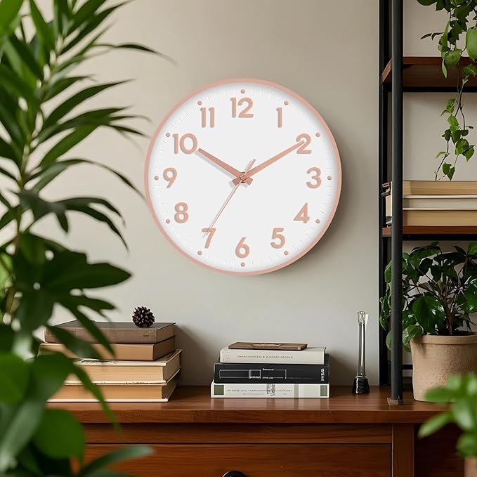 Mosewa Wall Clock 10 Inch, Battery Operated Silent Non-Ticking Modern Analog Clock Decorative for Kitchen, Bedroom, Office(Rose Gold)
