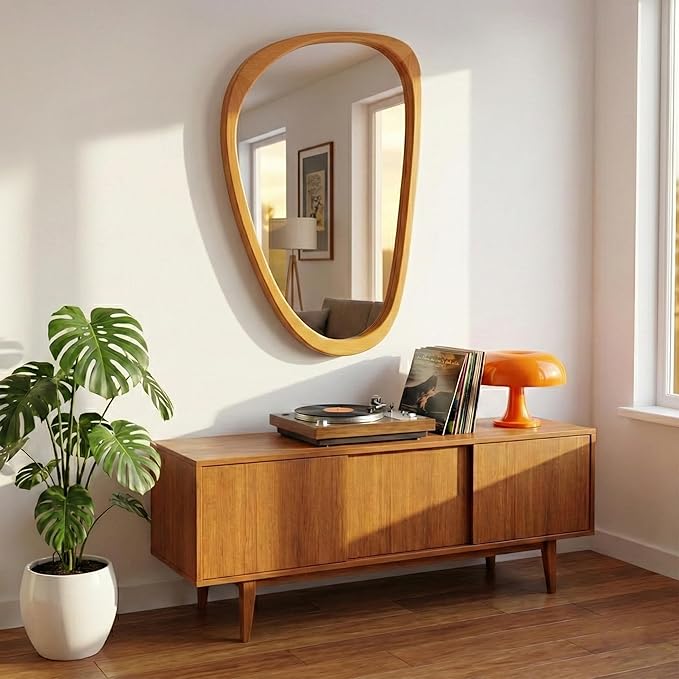 Irregular Asymmetrical Wall Mirror 36"×24" with Solid Wood Frame, Organic Mid-Century Modern Decorative Wall Mirror for Living Room, Entryway & Bedroom
