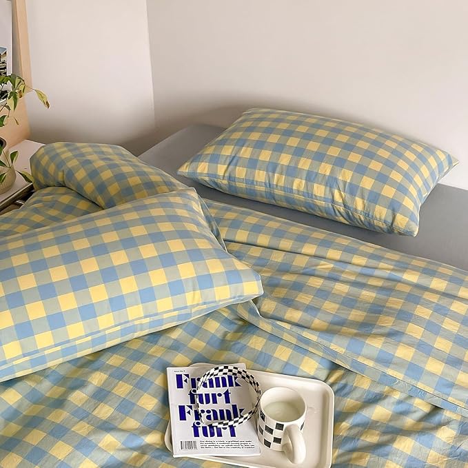 mixinni Plaid Duvet Cover Set Queen Yellow - Soft Washed Cotton Modern Geometric Bedding Set with 2 Pillowcases, Blue Green Gingham Grid Queen Duvet Cover for Men & Women, Soft & Lightweight