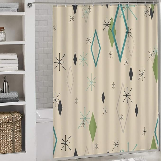 50s Retro Shower Curtain Atomic Mid Century Modern Space Pattern Duty Fabric Shower Curtains Set Bathroom Polyester Waterproof with 12 Hooks, 66x72Inch（168x183cm）